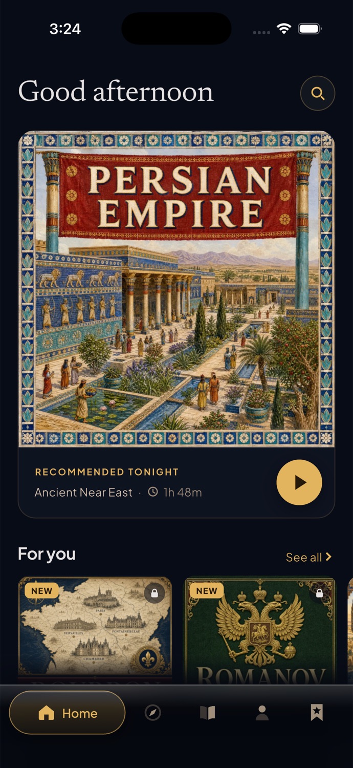 Nightale home screen: Good afternoon, Persian Empire recommended tonight