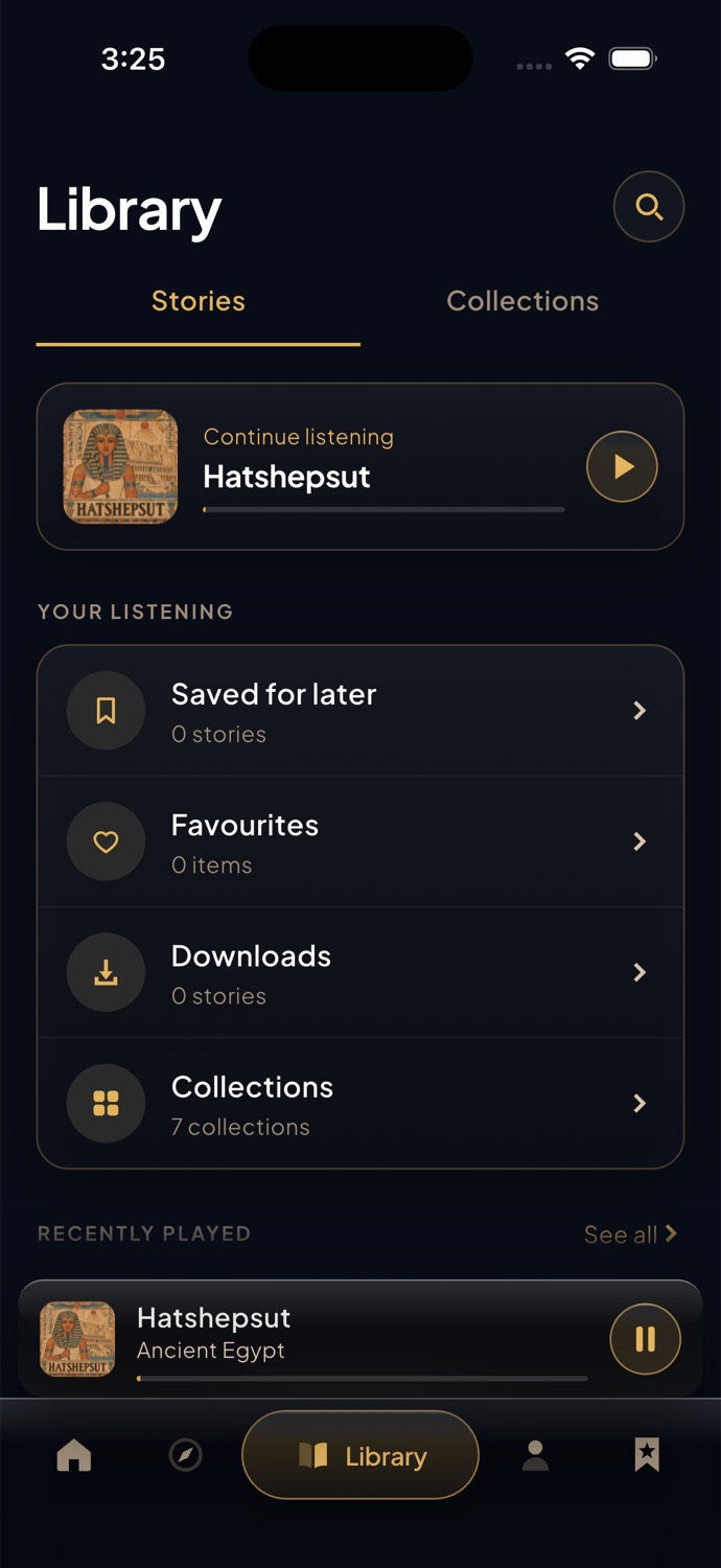 Library: continue listening, saved, favourites, downloads