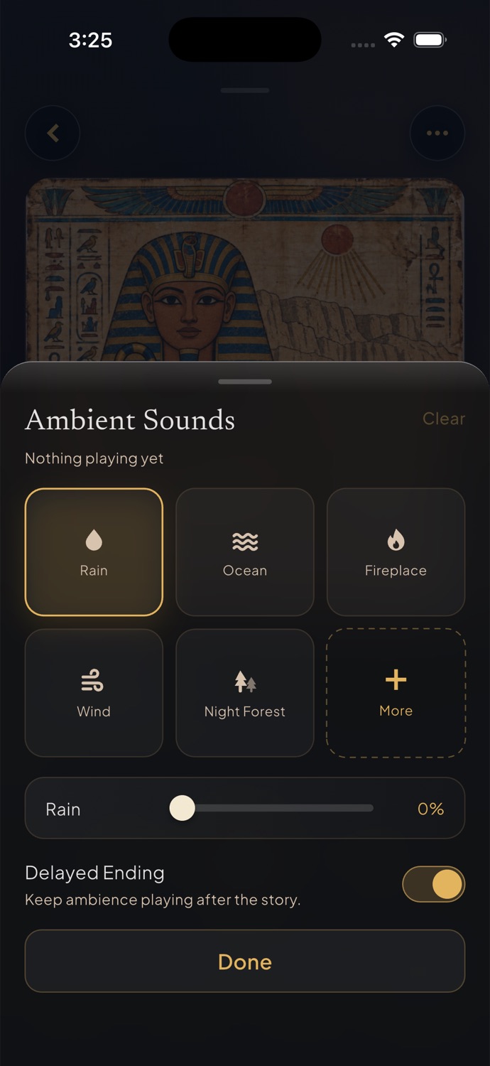 Ambient Sounds sheet: Rain, Ocean, Fireplace, Wind, Night Forest