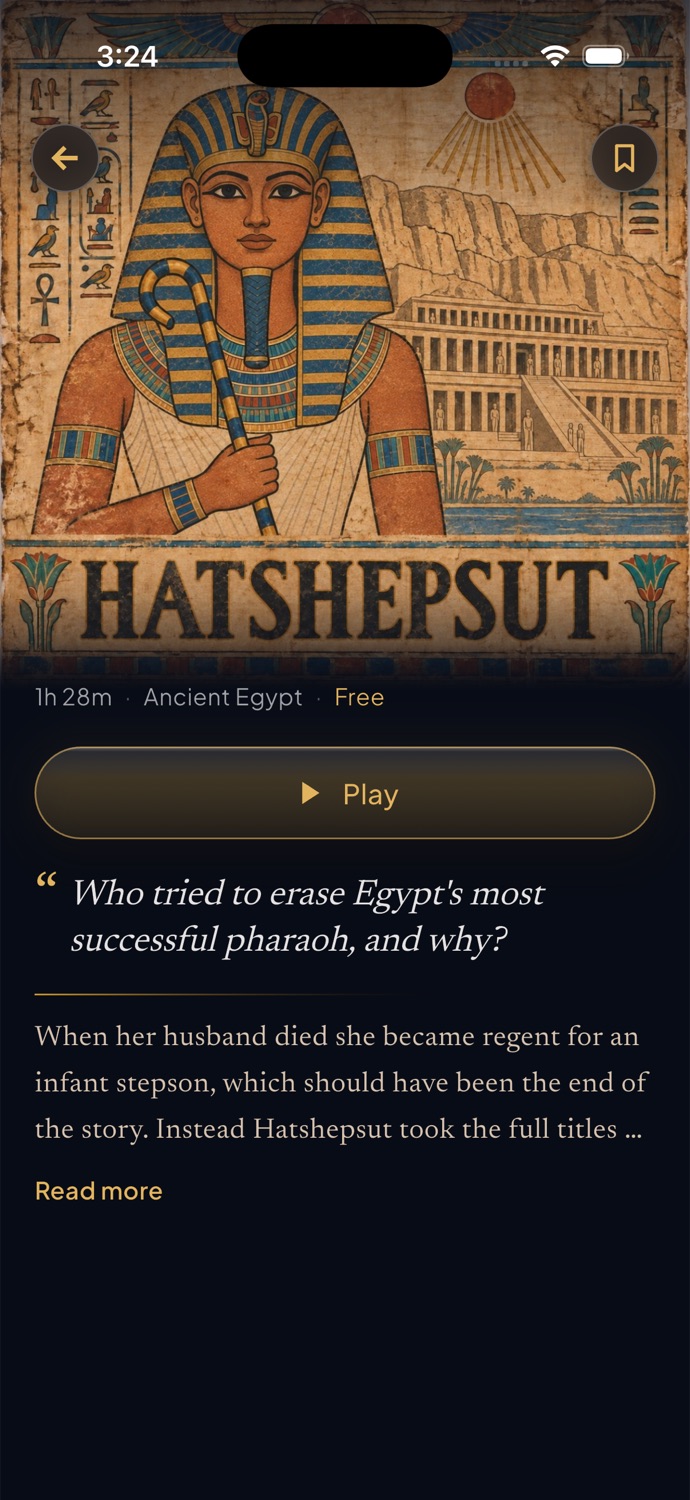 Story page for Hatshepsut with the hook and Play button